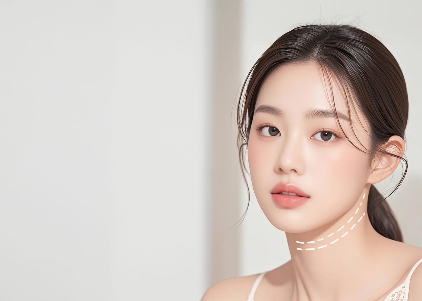 다미온의원 리프팅 안내 이미지 — 모델 턱선에 그린 V라인 안내선