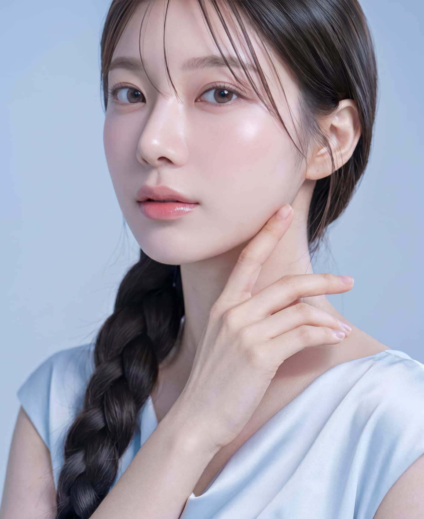 다미온의원 목거상 안내 이미지 — 모델이 턱선과 목선을 만지는 모습