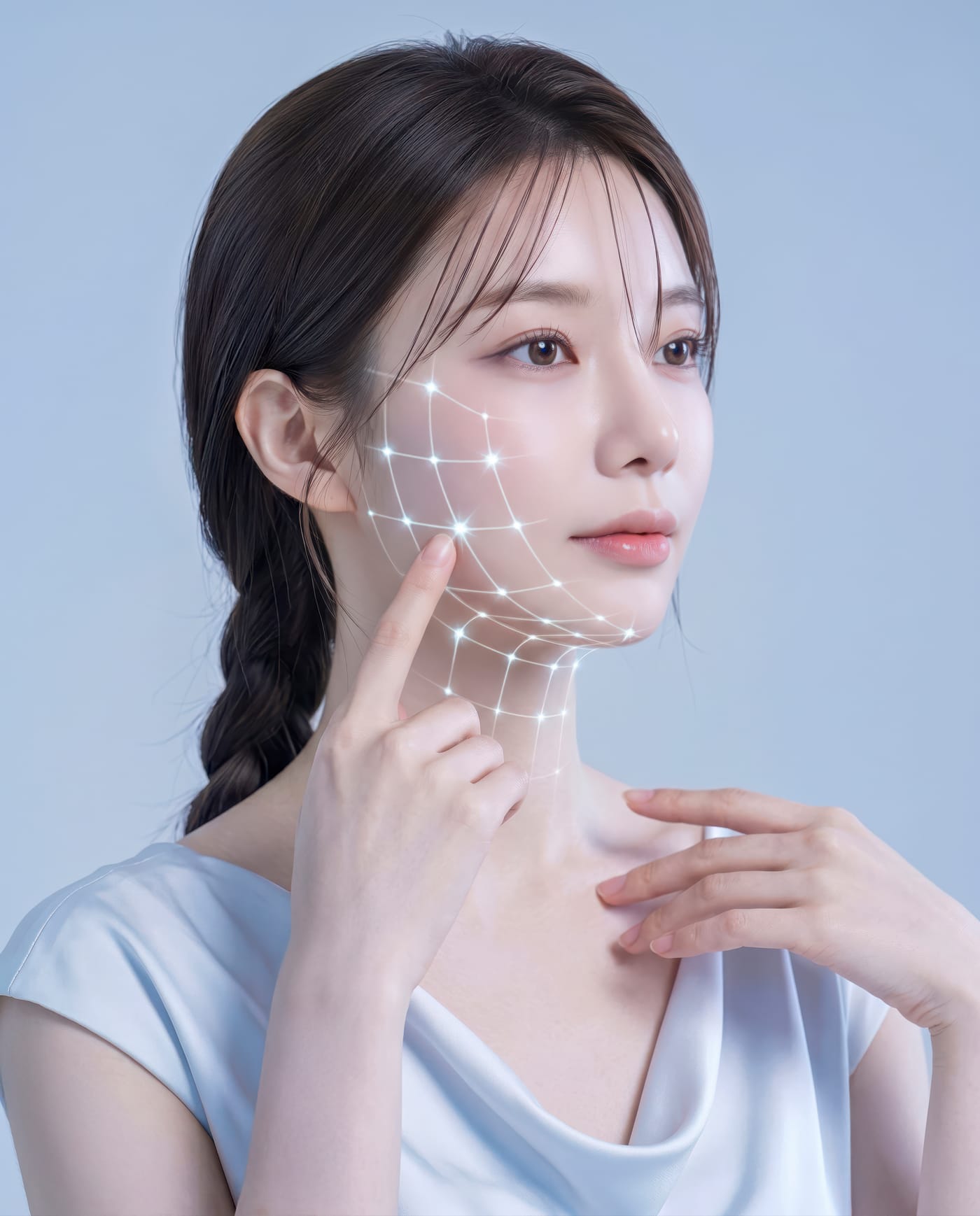 다미온의원 실리프팅 안내 이미지 — 모델 얼굴과 목에 그린 리프팅 방향선