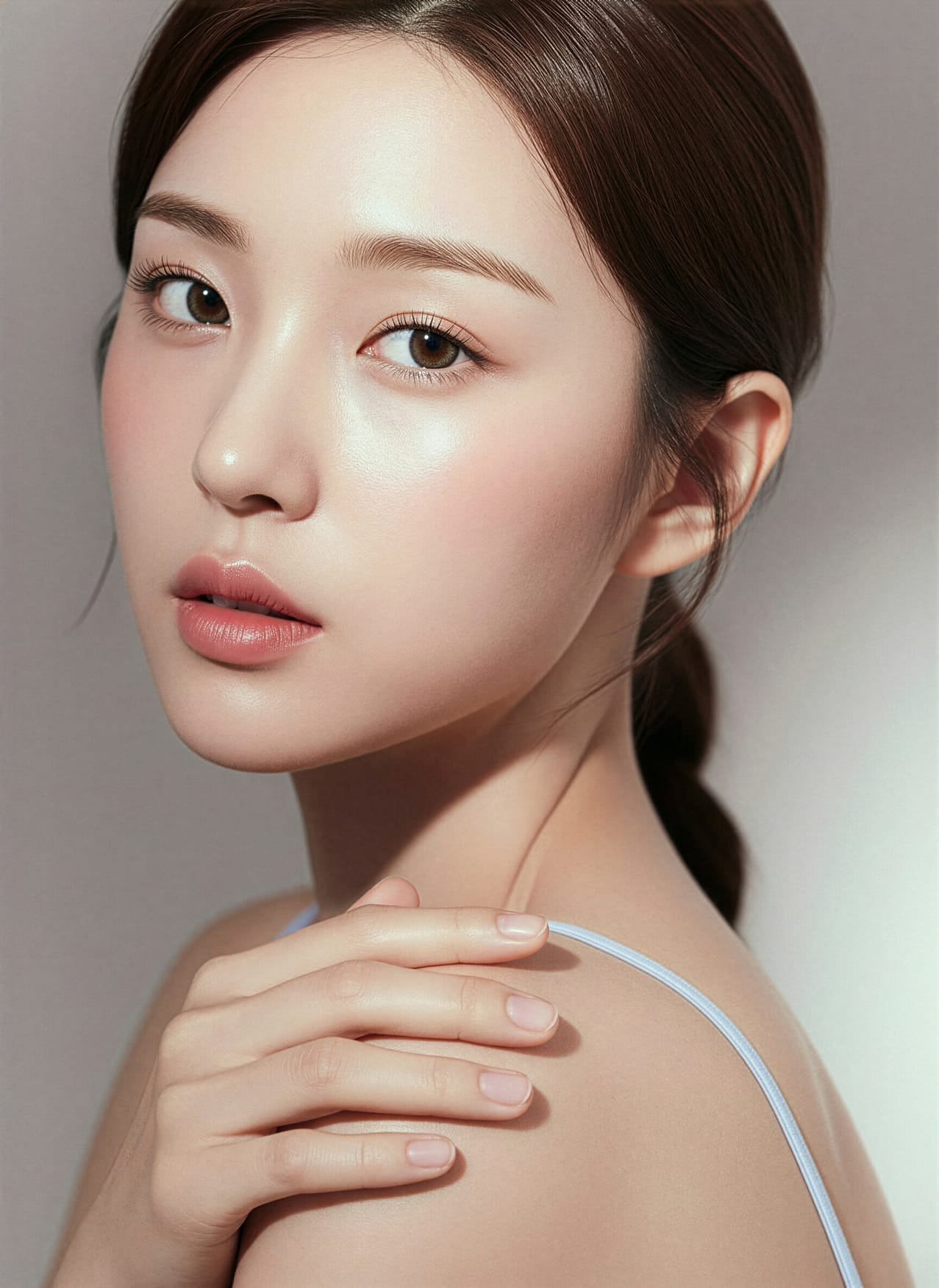 다미온의원 코성형 안내 이미지 — 모델 얼굴 반측면, 코 옆선